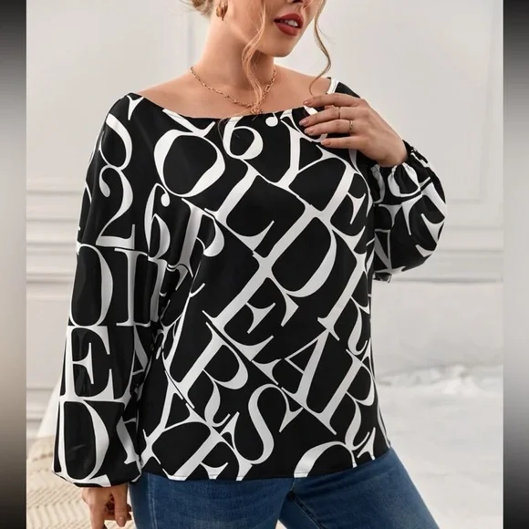 Classic Elegant Abstract Alphabet Letter Print Batwing Sleeve Top Blouse - Picture 8 of 11